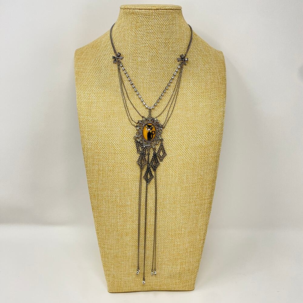 Vintage BETSEY JOHNSON Black Cat Statement Necklace Victorian Chains RARE